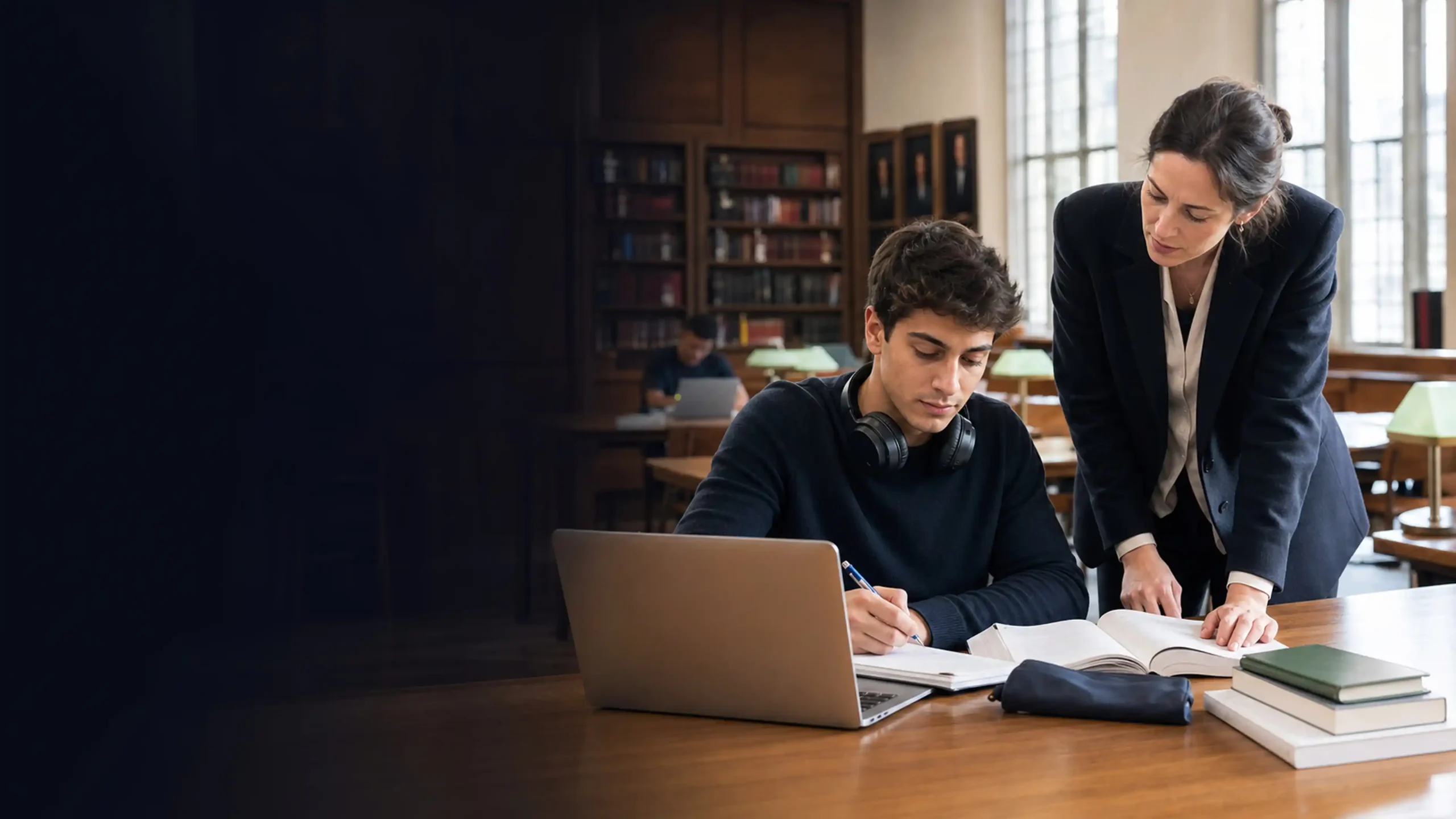 Kütüphanede, kadın eğitmen gözetiminde bilgisayar ve kitaplarla akademik İngilizce ve IELTS sınavına çalışan erkek öğrenci.