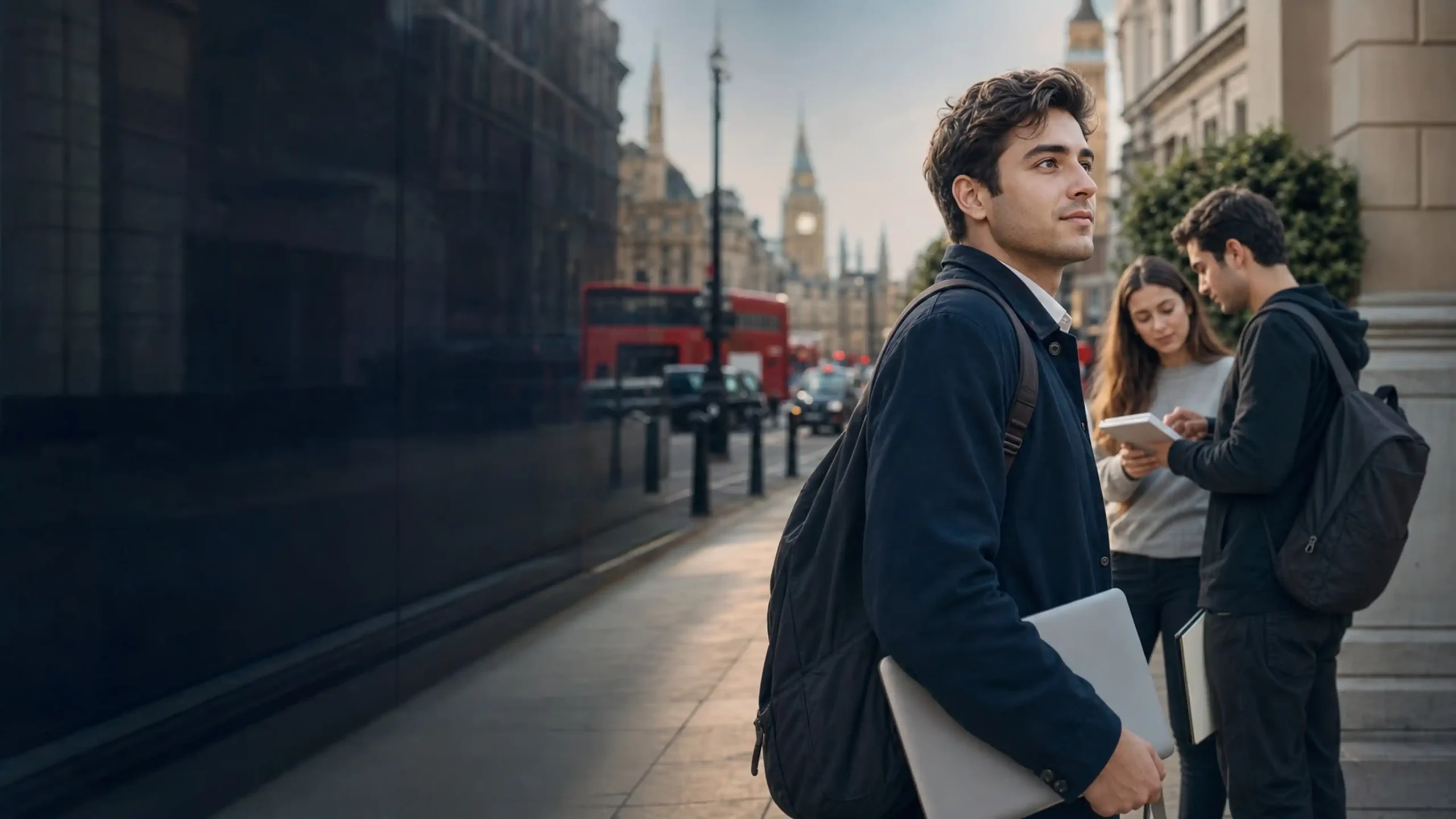 Londra caddesinde elinde laptopu ve sırt çantasıyla duran, arkada kırmızı otobüs ve Big Ben'in göründüğü genç erkek öğrenci.