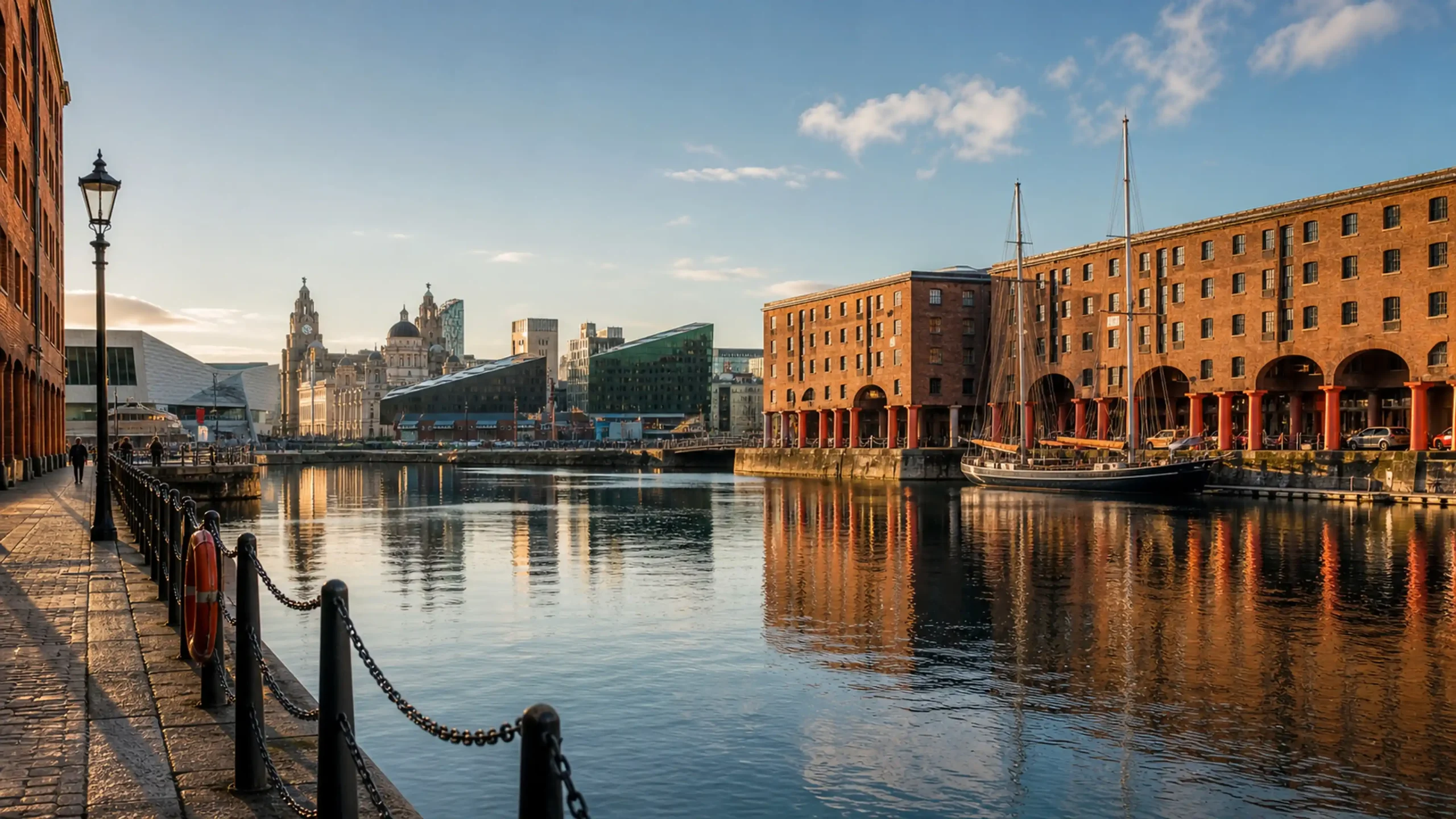 Liverpool’da waterfront alanı, tarihi rıhtım mimarisi ve sakin şehir manzarası