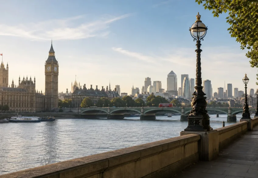 Londra’da Thames Nehri kıyısında tarihi şehir silüeti ve sakin yürüyüş yolu