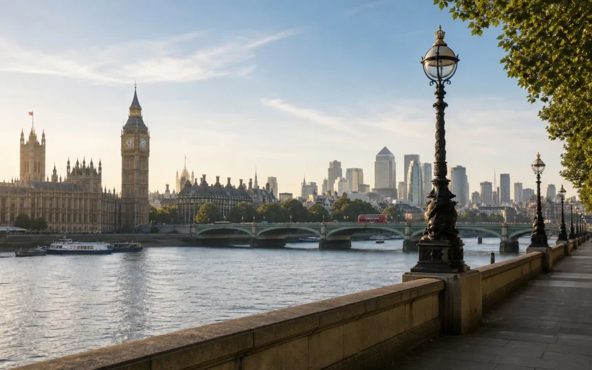 img_sehir-london Londra’da Thames Nehri kıyısında tarihi şehir silüeti ve sakin yürüyüş yolu