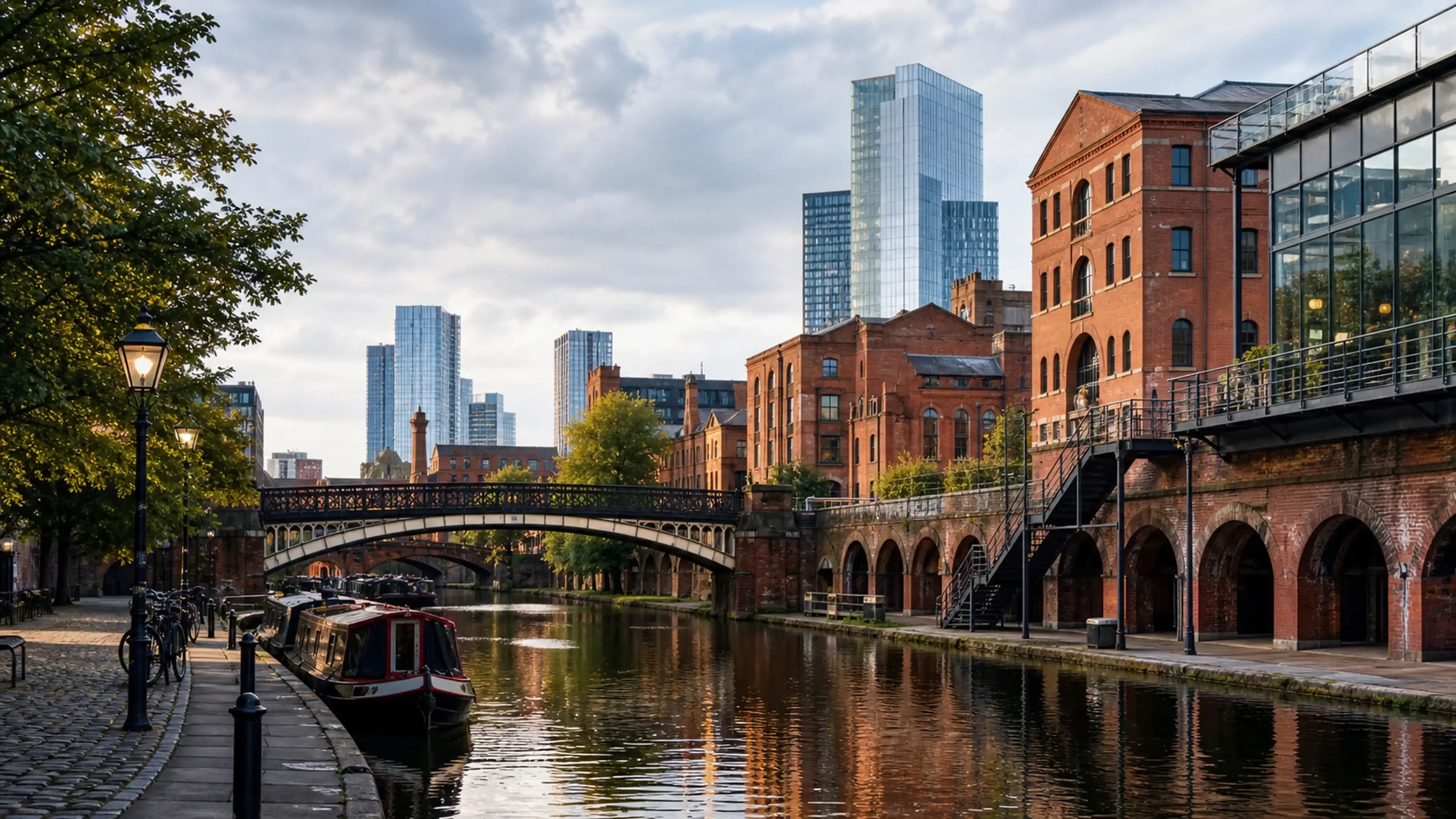 Manchester’da kanal kıyısı, kırmızı tuğla yapılar ve modern şehir dokusu